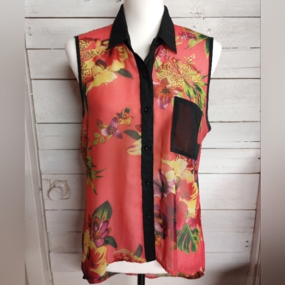 BONGO Women's Sleeveless Blouse L Floral Button Front Semi Sheer Coral Black
